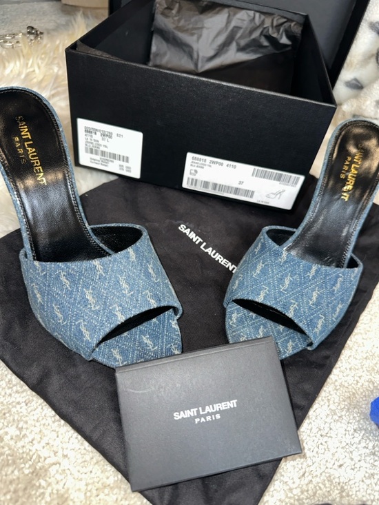 Saint Laurent Shoes - Saint Laurent Blue Denim Monogram Slide Mules